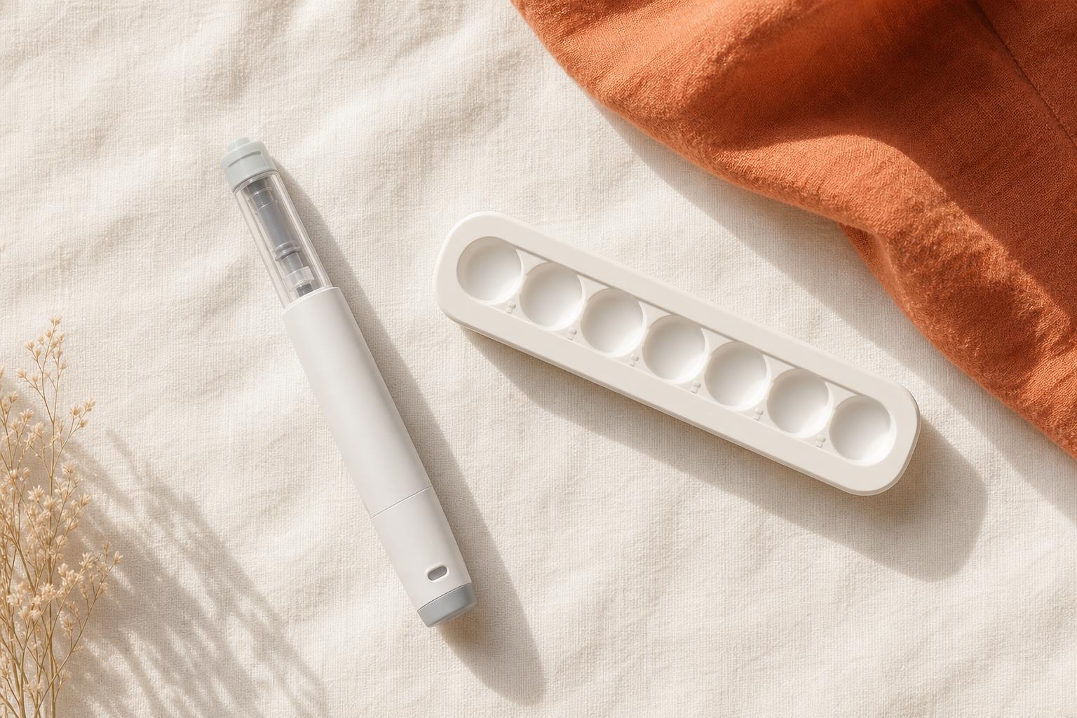 Overhead still life of a generic injector pen beside a weekly dose tray on cream linen with a burnt-orange textile accent.