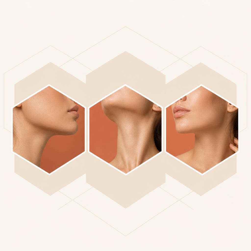 Editorial composition of three hexagon portraits showing chin, neck, and jawline contours in warm brand tones.