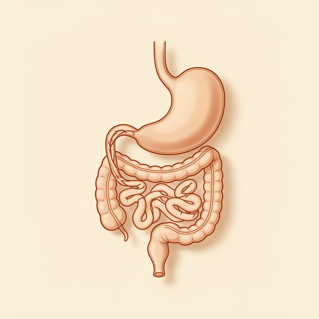 Minimal editorial anatomical illustration of Roux-en-Y gastric bypass in cream and burnt-orange tones.