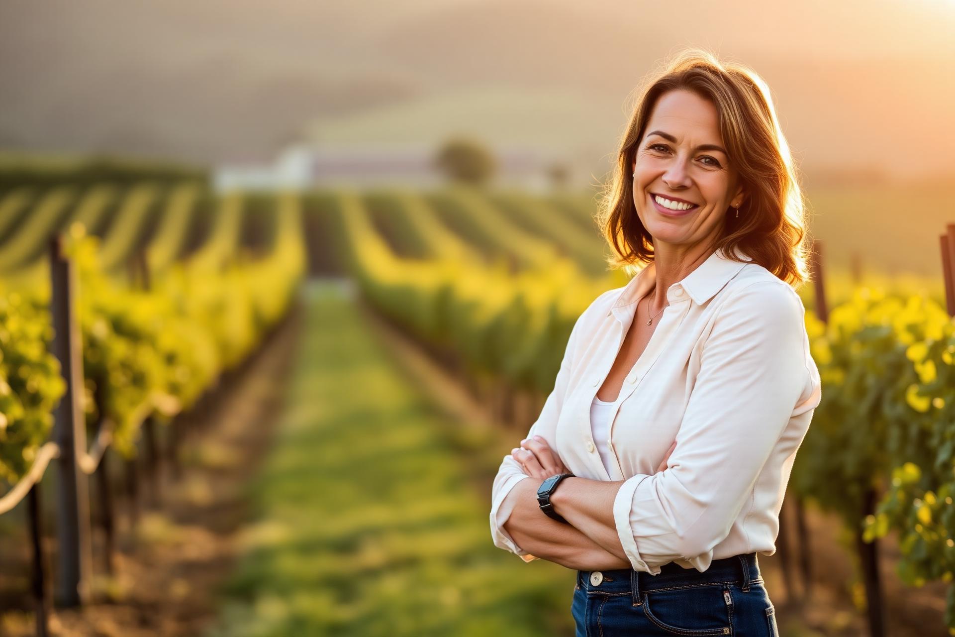 A woman in soft golden Napa Valley light standing among vineyard rows.