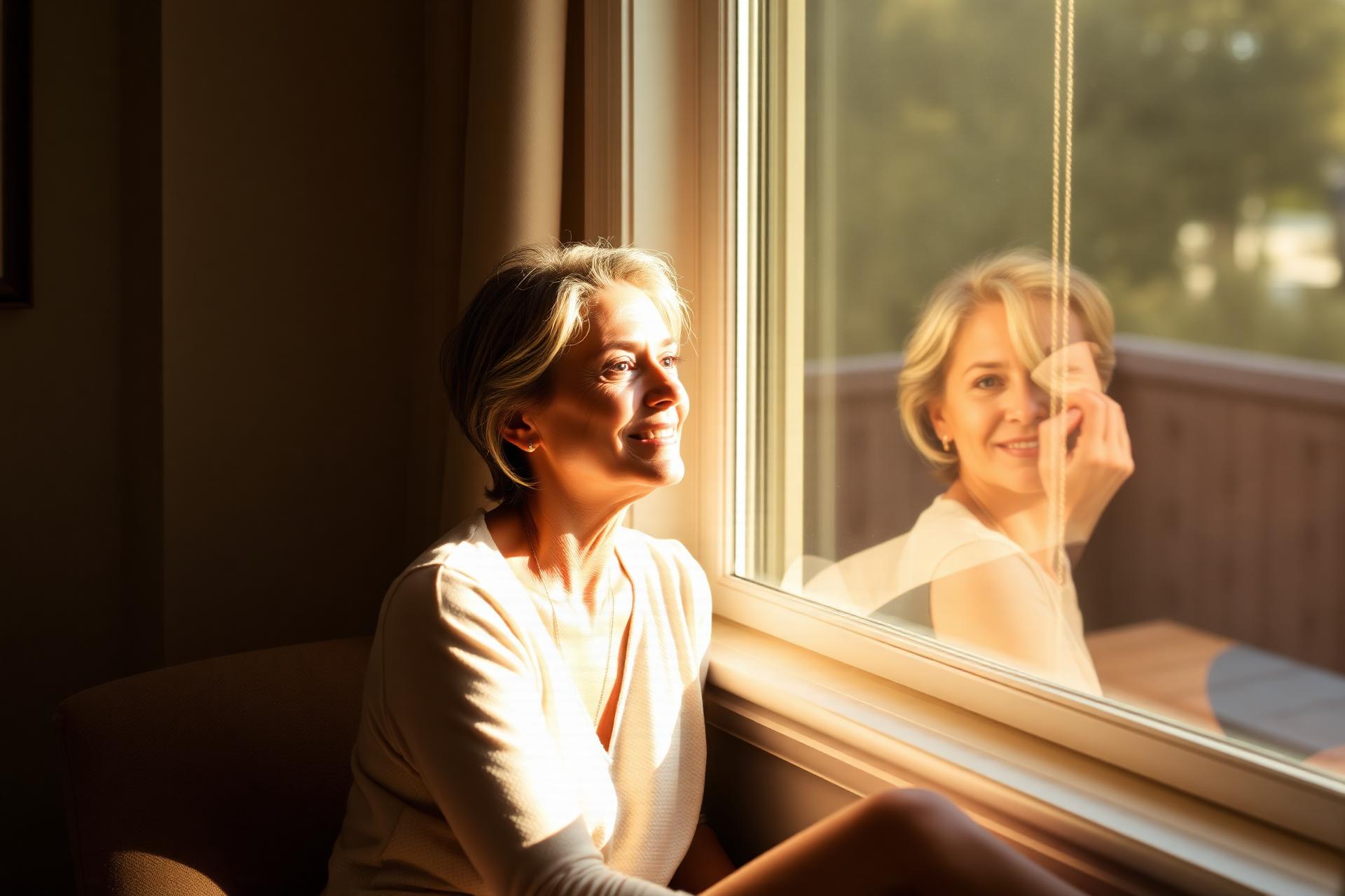 A hopeful person sitting in warm morning light by a window, contemplating a new chapter.