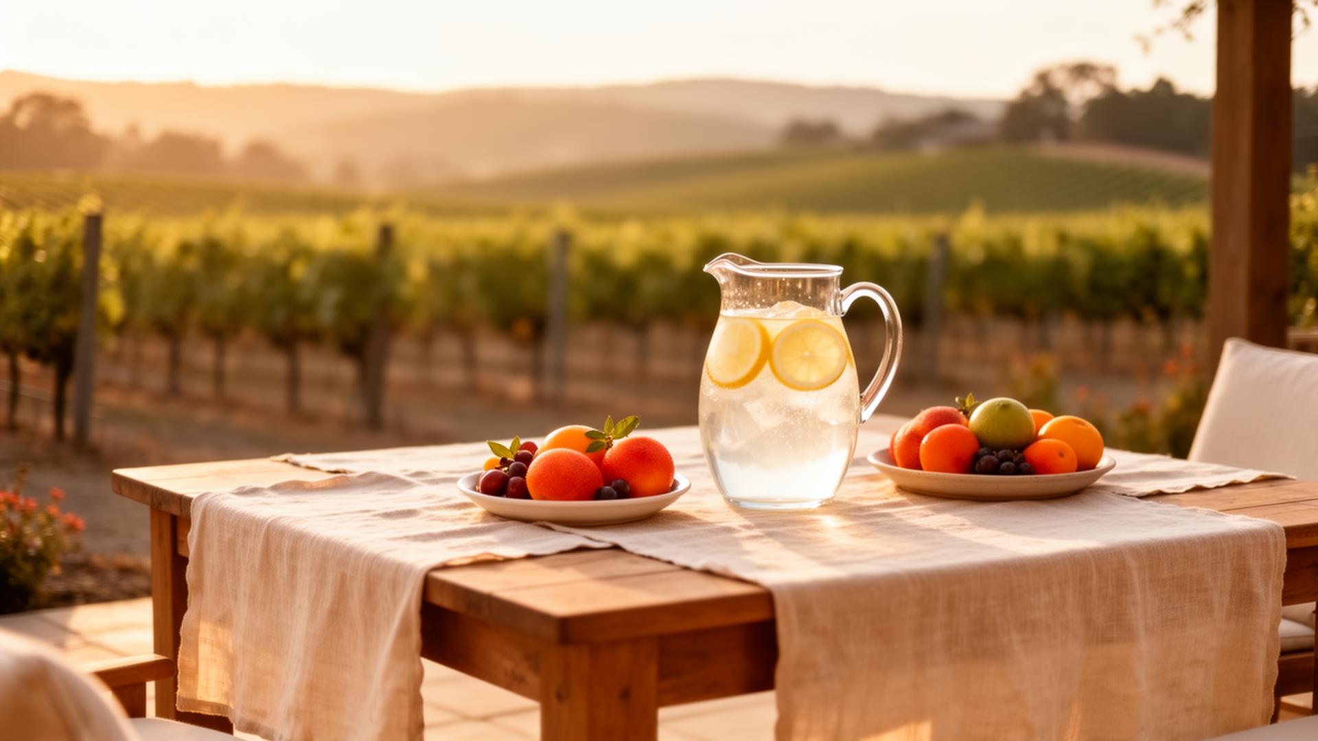 A sunlit Napa Valley patio at golden hour with a linen-set table, pitcher of lemon-infused water, and vineyard rows in the distance.