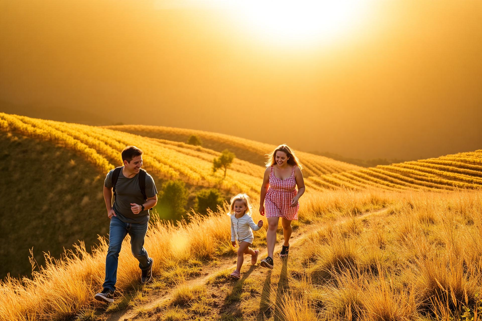 An active family hiking together at golden hour on a Napa Valley hillside.