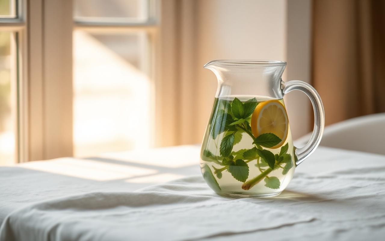 A glass pitcher of lemon-mint infused water on a sunlit linen-covered table.