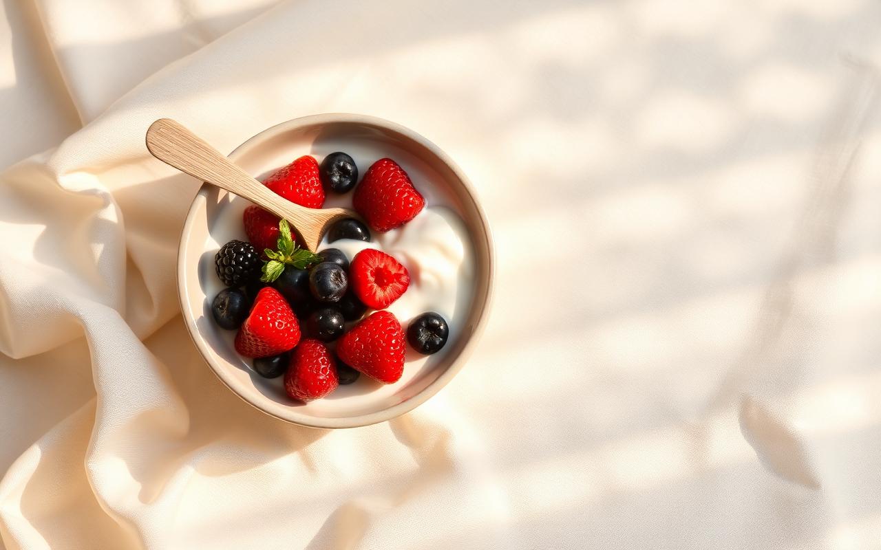 A small bowl of fresh berries and yogurt on a cream linen background in soft light.