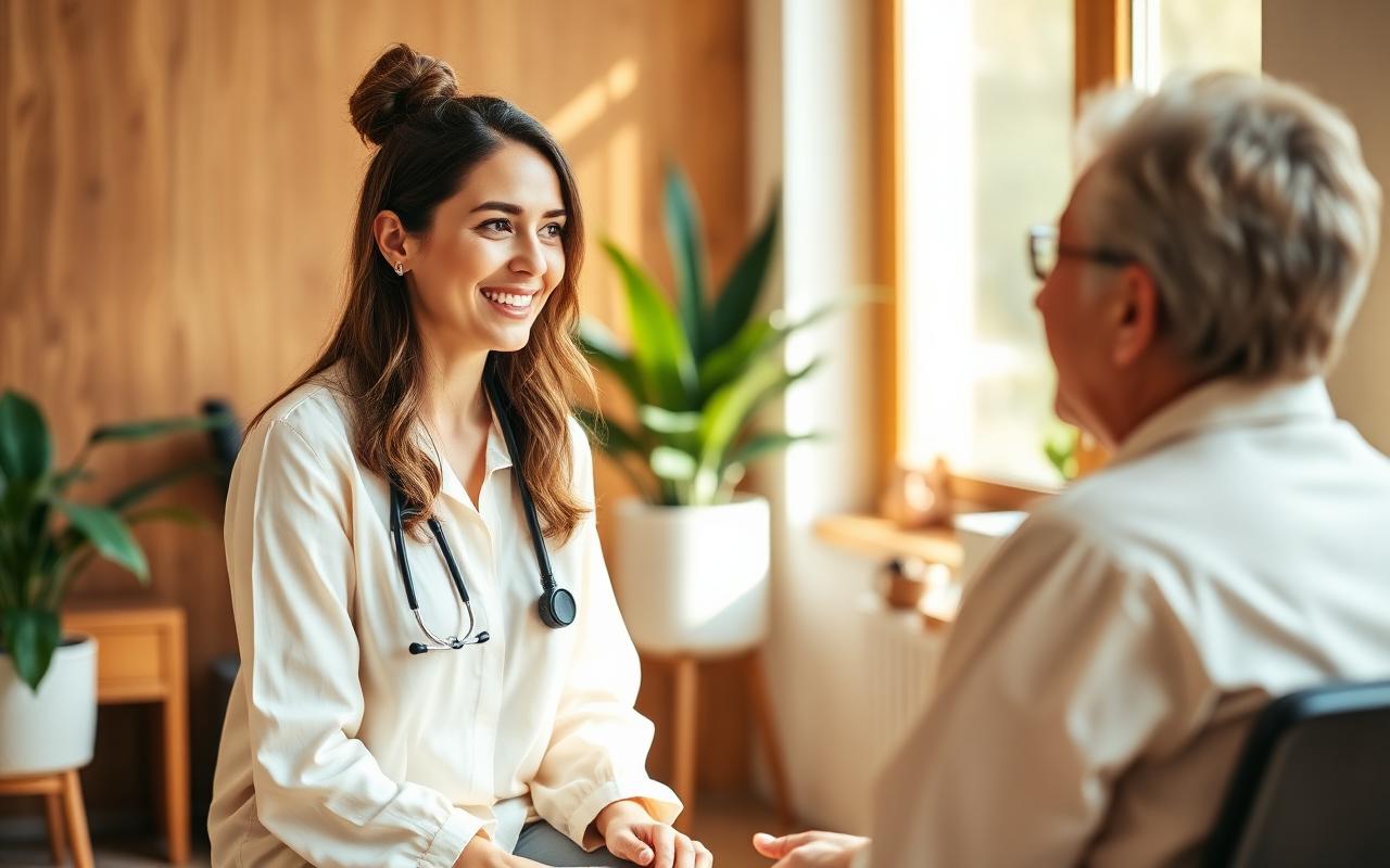 A clinician smiling and talking with a patient in a warm wellness consultation office.
