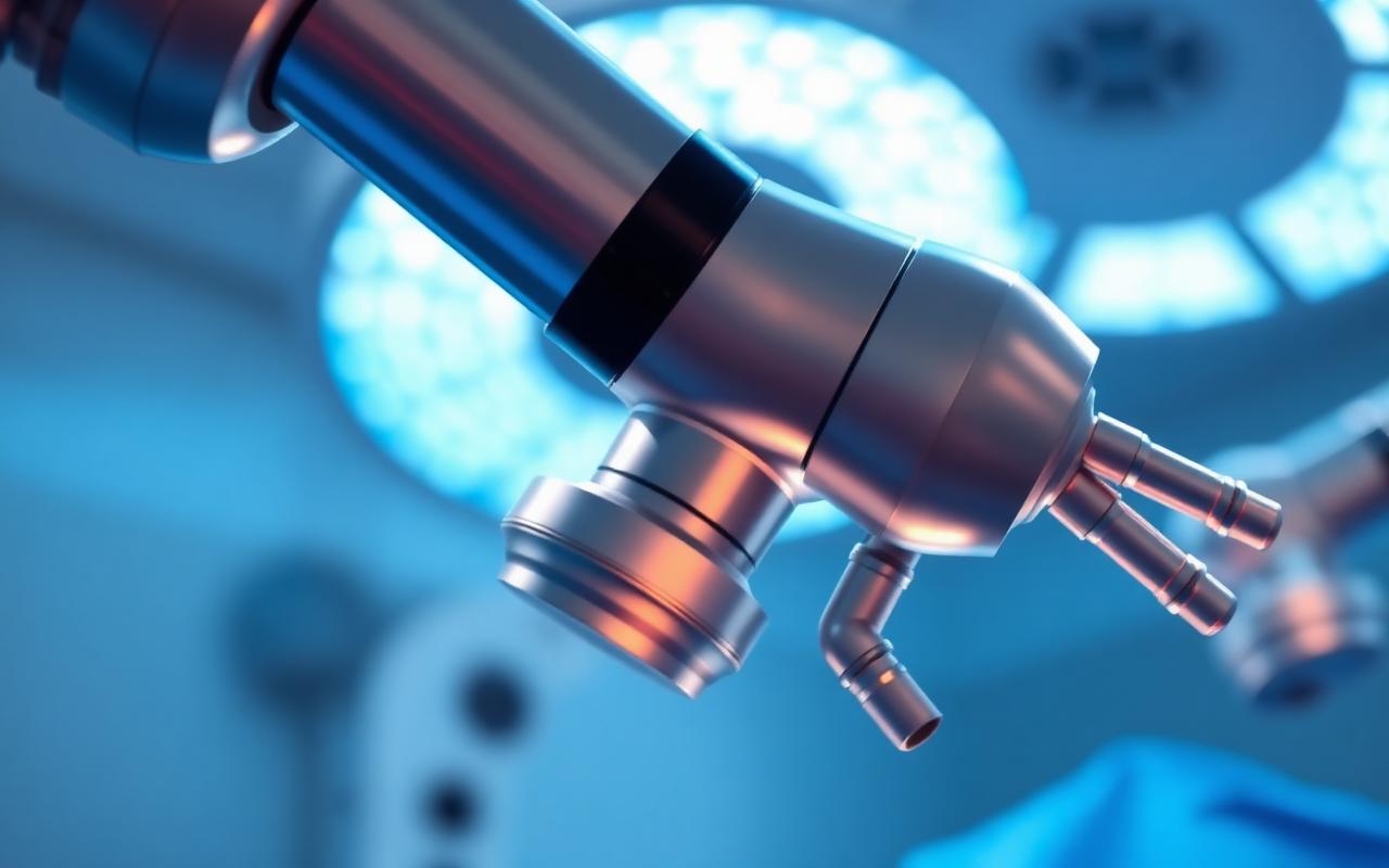 Close-up of a modern da Vinci robotic surgical arm in a calmly lit operating suite.
